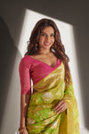 Light Parrot and Golden Zari Woven Pure Silk Saree With Pink Blouse