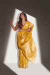 Canary Yellow and Golden Zari Woven Pure Silk Saree With Brown Blouse