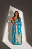 Cerulean Blue and Golden Zari Woven Pure Silk Saree With Orange Blouse