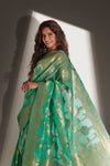 Light Green and Golden Zari Woven Pure Silk Saree With Pink Blouse