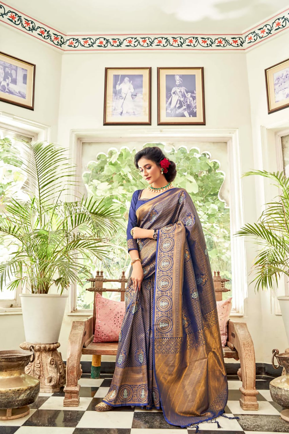 Denim Blue Kanjivaram Silk Saree With Zari Border Blouse