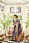 Denim Blue Kanjivaram Silk Saree With Zari Border Blouse