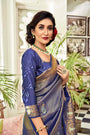 Denim Blue Kanjivaram Silk Saree With Zari Border Blouse