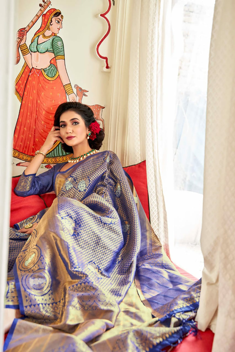 Denim Blue Kanjivaram Silk Saree With Zari Border Blouse