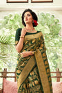 Army Green Kanjivaram Silk Saree With Zari Border Blouse