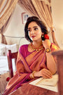 French Rose Purple Kanjivaram Silk Saree With Golden Zari Design