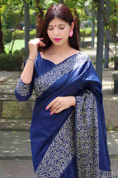 Stylish Rich Pallu Navy Blue Colour Silk Saree With Blouse