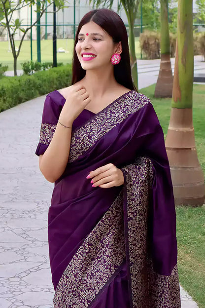 Stylish Rich Pallu Dark Purple Silk Saree With Blouse