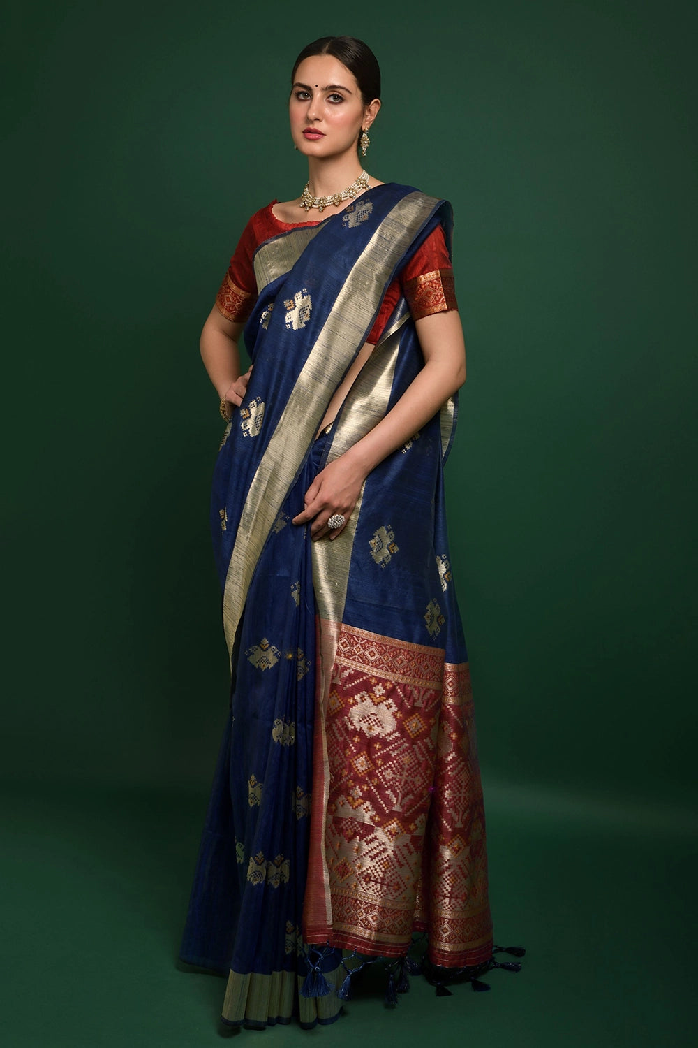 Denim Blue Tussar Silk Saree With Zari Weaving Work
