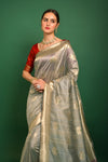 Fancy Cream And Red Zari Woven Border Silk Saree