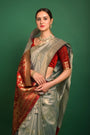 Fancy Cream And Red Zari Woven Border Silk Saree