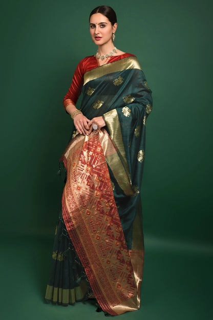 Shine Green Tussar Silk Saree With Zari Weaving Work