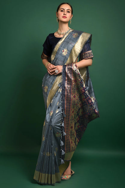 Oxford Gray Tussar Silk Saree With Zari Weaving Work