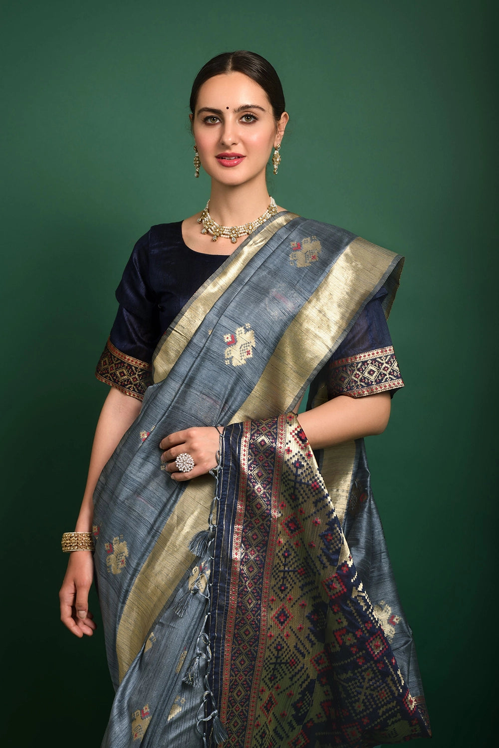 Oxford Gray Tussar Silk Saree With Zari Weaving Work