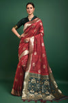 Hot Red With Green Color Blouse Tussar Silk Saree