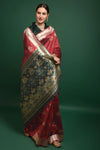 Hot Red With Green Color Blouse Tussar Silk Saree