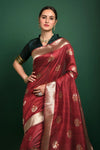 Hot Red With Green Color Blouse Tussar Silk Saree