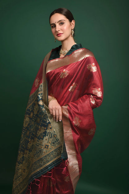 Hot Red Tussar Silk Saree With Zari Weaving Work