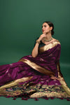 Designer Wine Tussar Silk Patola Weaving Saree With Zari Woven Border