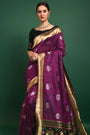 Designer Wine Tussar Silk Patola Weaving Saree With Zari Woven Border