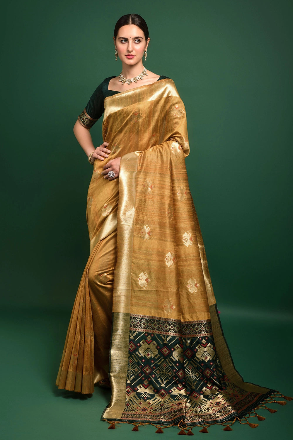 Mustard Yellow Tussar Silk Saree With Zari Weaving Work