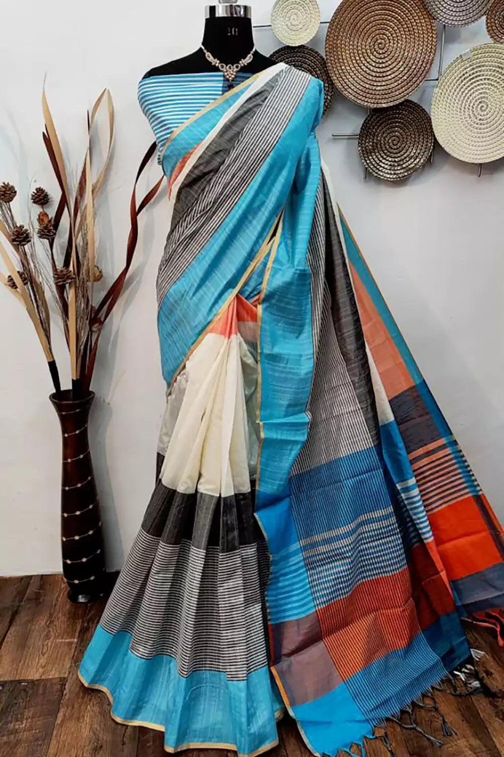 Latest Multicolour Raw Silk Saree With Designer Blouse