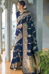 Navy Blue Banarasi Silk Saree With Beautiful Pallu