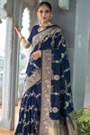 Navy Blue Banarasi Silk Saree With Beautiful Pallu