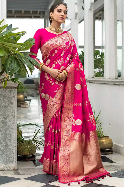 Hot Pink Banarasi Silk Saree With Weaving work