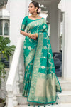 Teal Banarasi Silk Saree With Beautiful Pallu