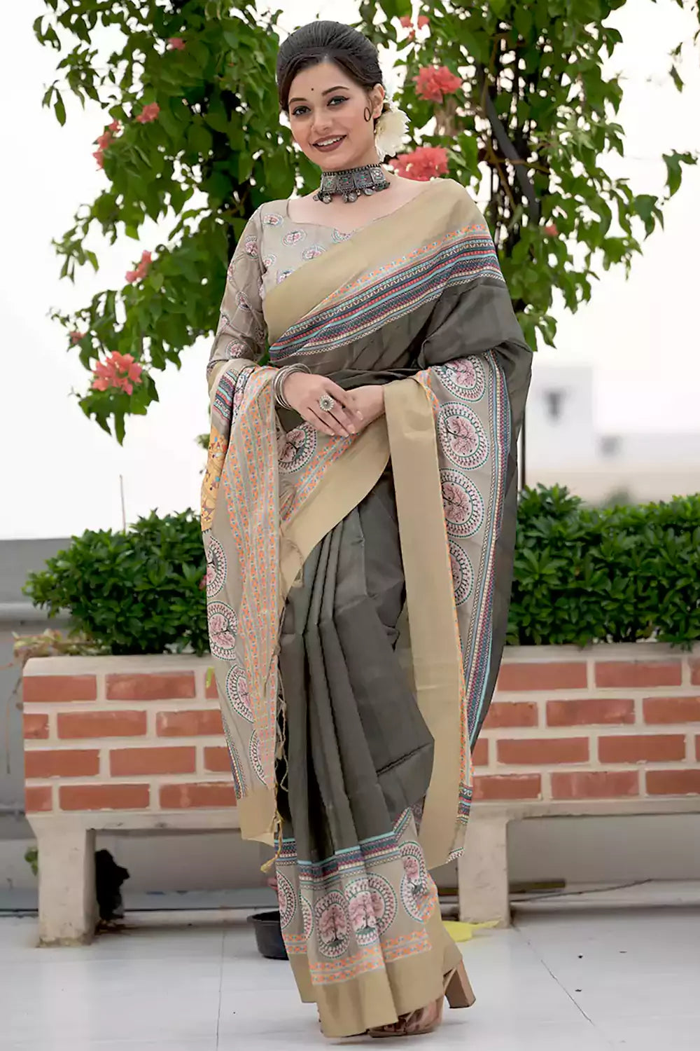 Gray Tussar Silk Saree With Weaving Work