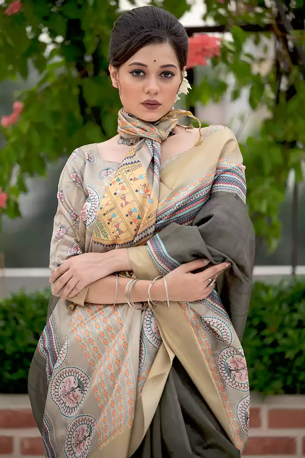 Gray Tussar Silk Saree With Weaving Work