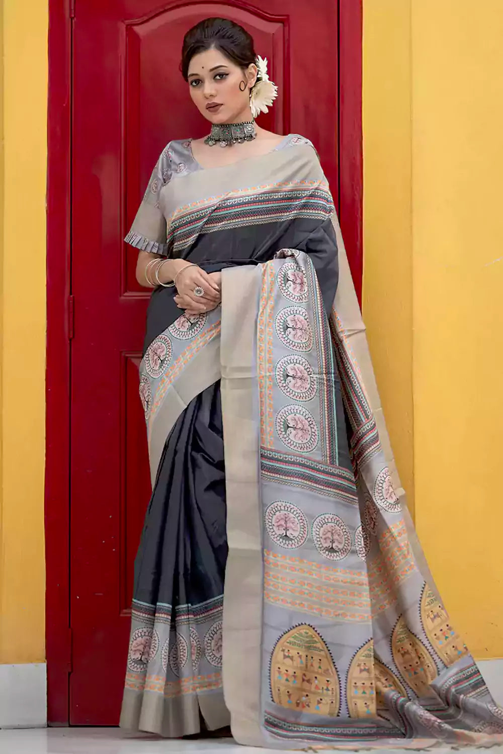 Black Tussar Silk Saree With Weaving Work