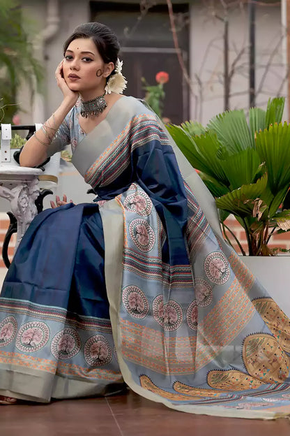 Unique Blue &amp; Grey Tussar Silk Saree With Designer Blouse