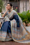 Unique Blue & Grey Tussar Silk Saree With Designer Blouse