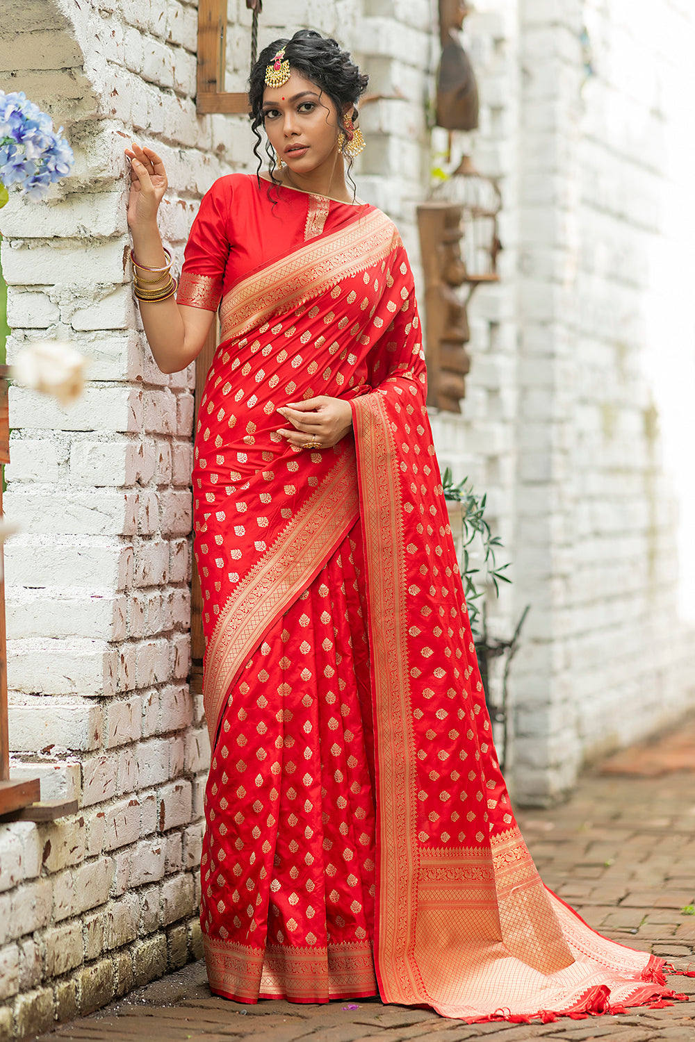 Rose Red Soft Banarasi Katan Silk Saree With Fancy Tassels