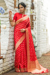 Rose Red Soft banarasi katan silk saree with fancy tassels