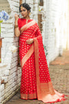 Rose Red Soft banarasi katan silk saree with fancy tassels