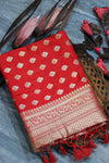 Rose Red Soft banarasi katan silk saree with fancy tassels