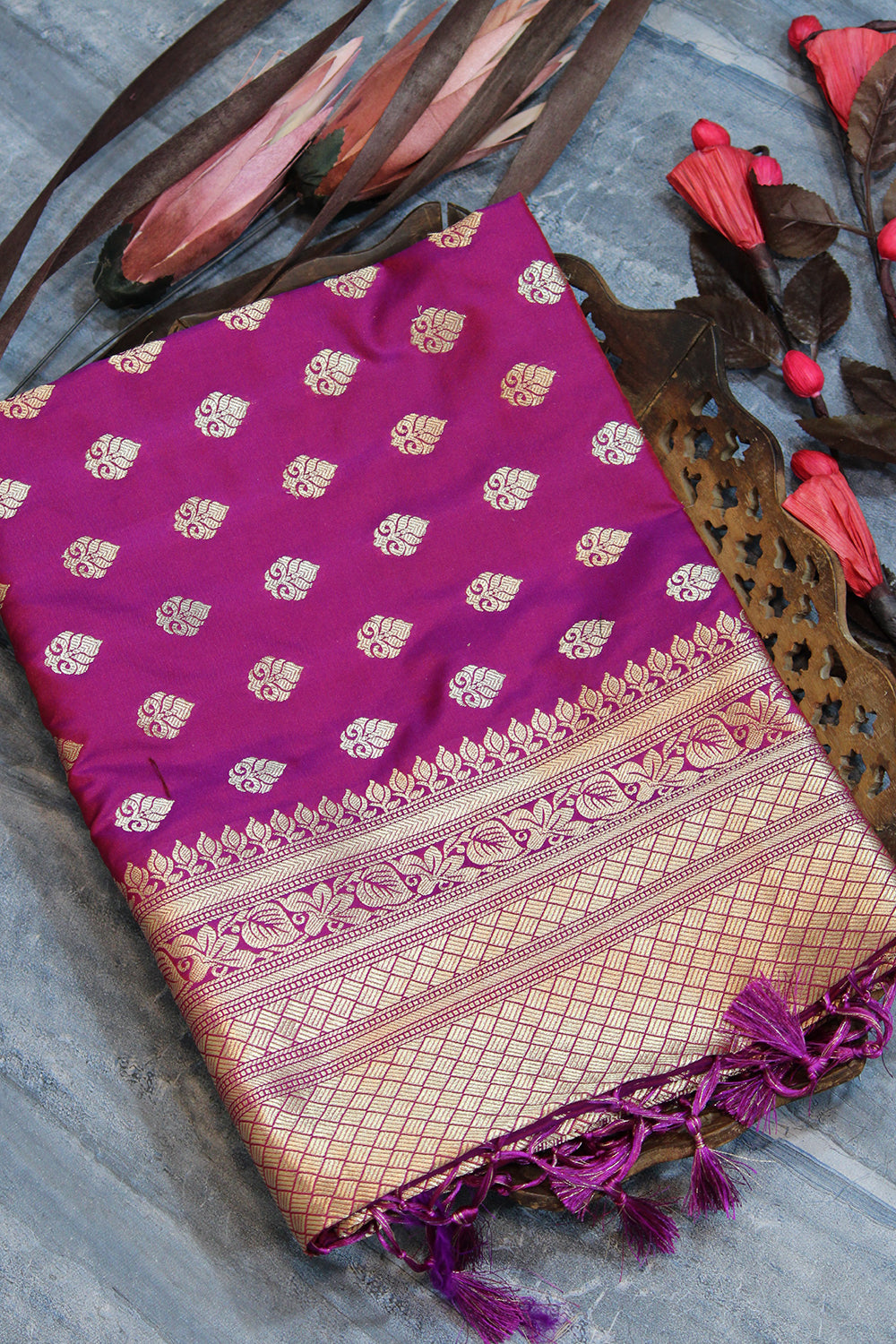 Rani Pink Soft Banarasi Katan Silk Saree With Fancy Tassels