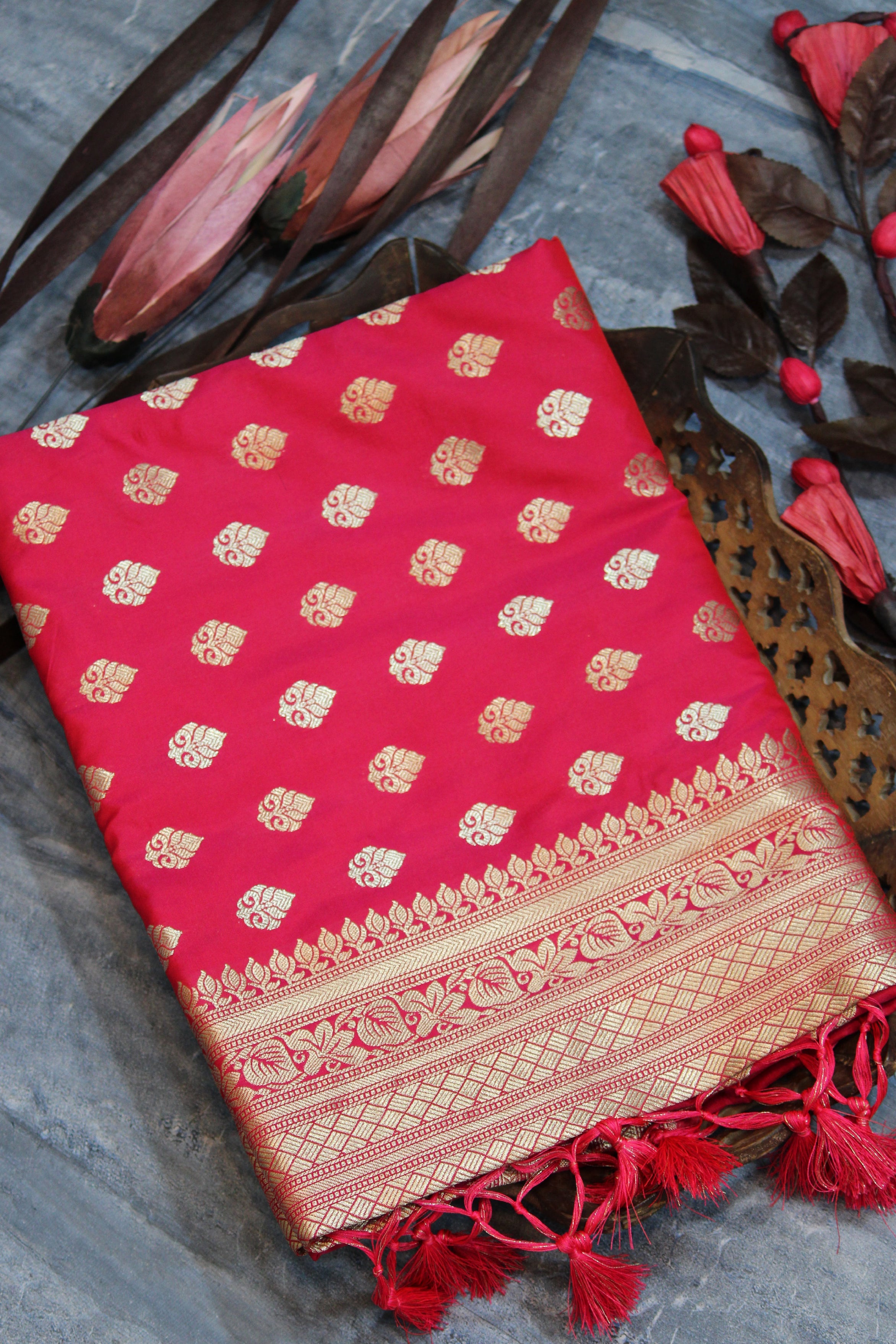 Hot Pink Soft Banarasi Katan Silk Saree With Fancy Tassels