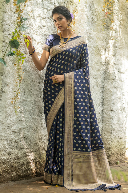 Navy Blue Soft Banarasi Katan Silk Saree With Weaving Work