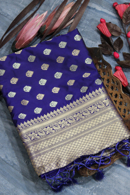 Indigo Blue Soft Banarasi Silk Saree With Fancy Tassels