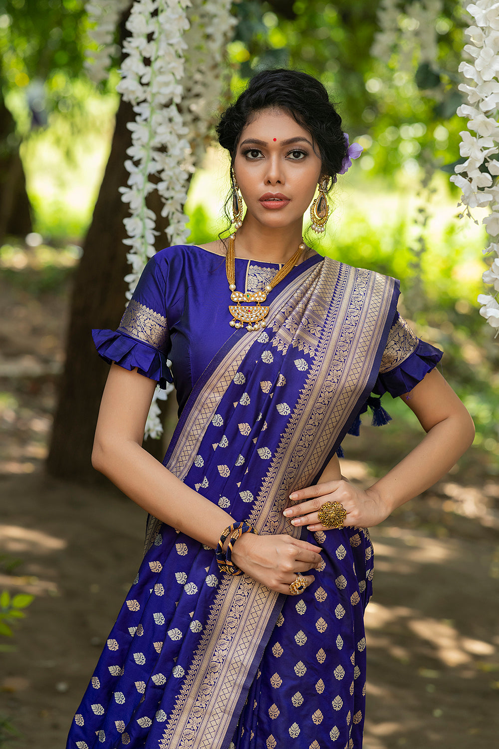 Indigo Blue Soft Banarasi Silk Saree With Fancy Tassels