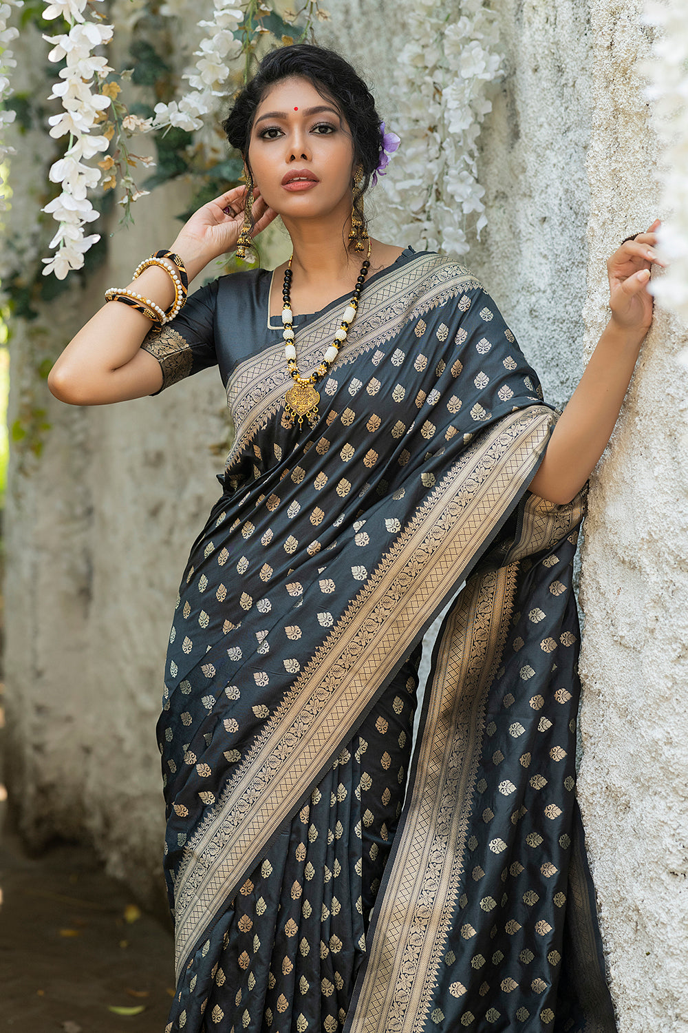 Pebble Gray Soft Banarasi Katan Silk Saree With Weaving Work