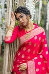 Neon Pink Flower Designed Soft Banarasi katan Silk Saree
