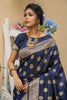 Dark Blue Flower Designed Soft Banarasi katan Silk Saree