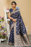Dark Blue Flower Designed Soft Banarasi katan Silk Saree
