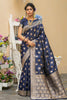 Dark Blue Flower Designed Soft Banarasi katan Silk Saree