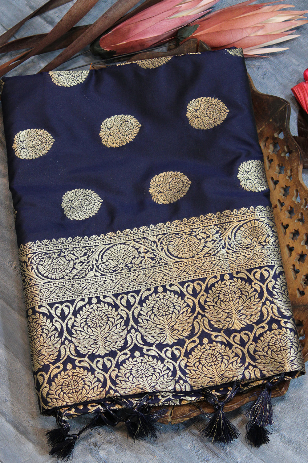 Dark Blue Flower Designed Soft Banarasi Katan Silk Saree